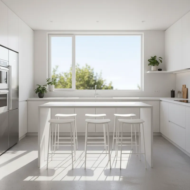 A bright, modern kitchen space featuring a white counter height table with three matching white counter height stools, natural light streaming in from