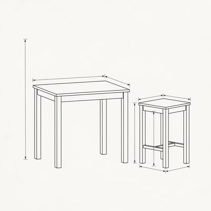A detailed diagram illustrating the standard measurements for counter height tables and stools, with clearly labeled dimensions in inches. It shows a
