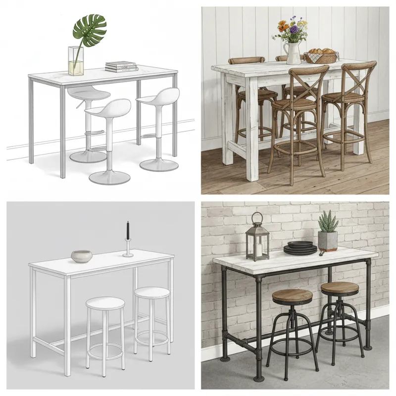 A collage of four different white counter height tables, each representing a distinct style: modern, farmhouse, minimalist, and industrial. Each table