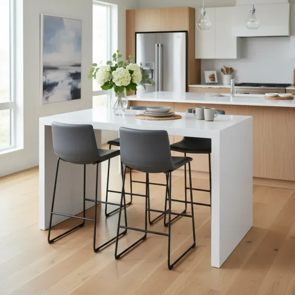 Modern white counter height table in a contemporary kitchen setting, often paired with two or four stools for casual dining or a breakfast nook.