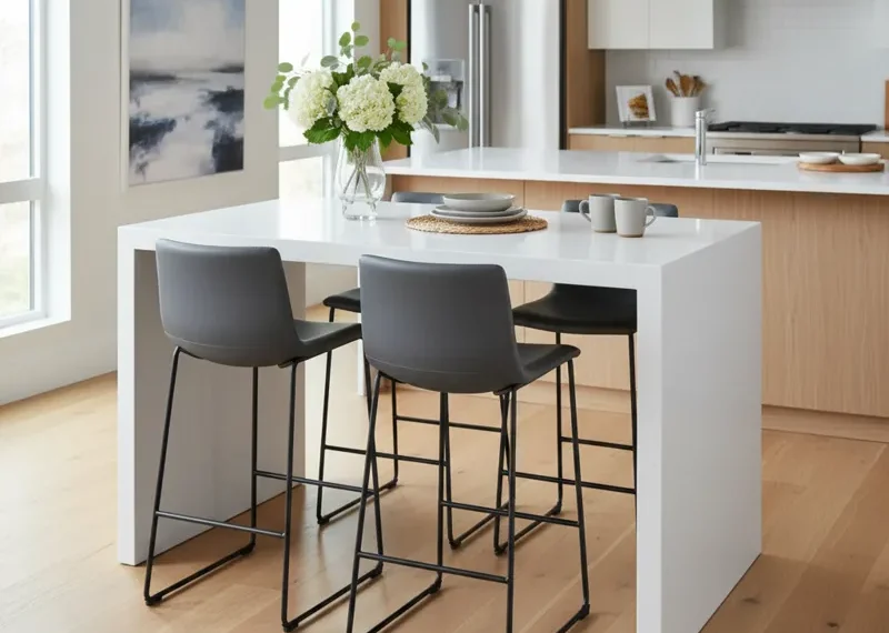 Modern white counter height table in a contemporary kitchen setting, often paired with two or four stools for casual dining or a breakfast nook.