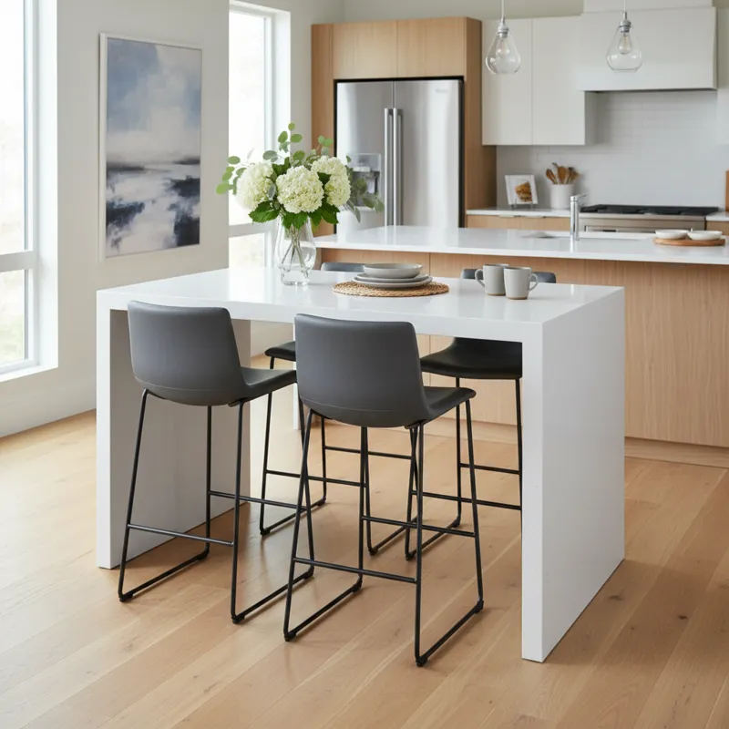 Modern white counter height table in a contemporary kitchen setting, often paired with two or four stools for casual dining or a breakfast nook.