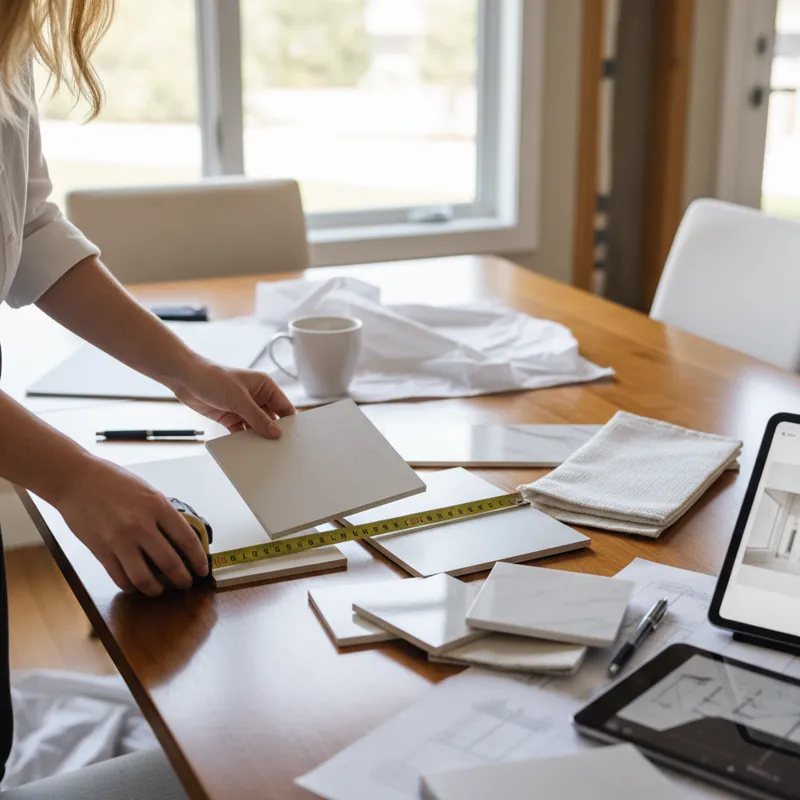 A homeowner is examining swatches of different white materials (laminate, solid wood, metal) and comparing them to a tape measure, planning for a dini