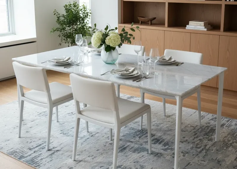 Modern white dining table with four minimalist chairs in a bright, clean dining room setting.