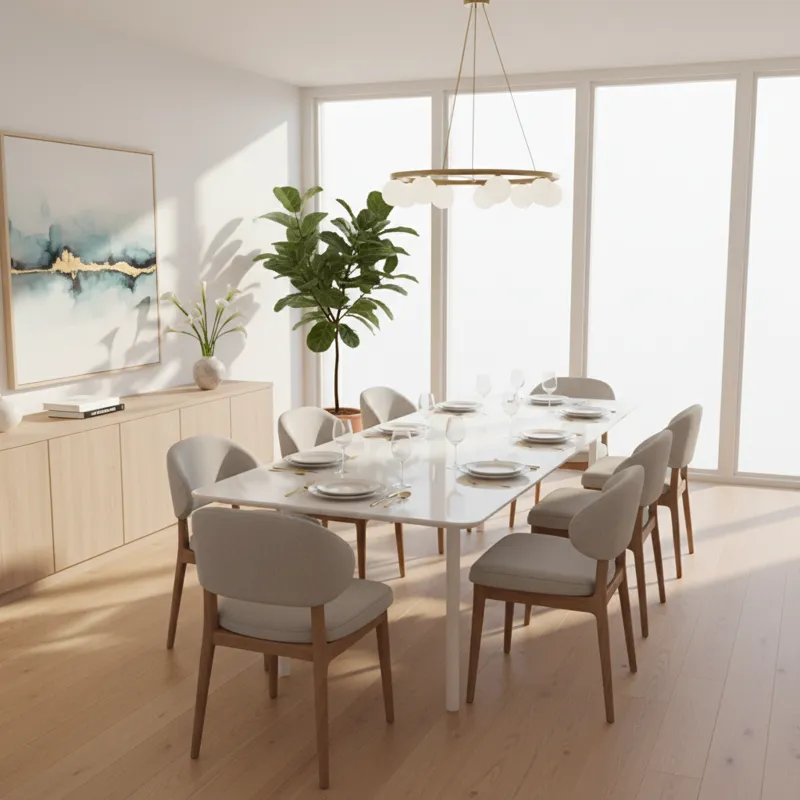 A modern, bright dining room featuring a sleek white dining table set for 8, with plenty of natural light. Chairs are contemporary, perhaps with a sub