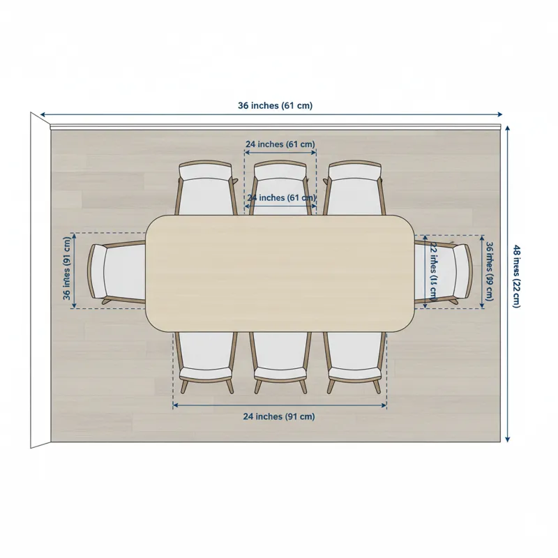 An overhead diagram showing a rectangular dining table with 8 chairs, illustrating comfortable spacing between chairs and clearance from walls, with m