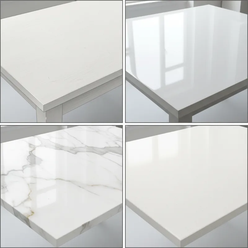 A collage or side-by-side comparison of different white dining table materials: solid wood painted white, high-gloss lacquer, white marble, and white