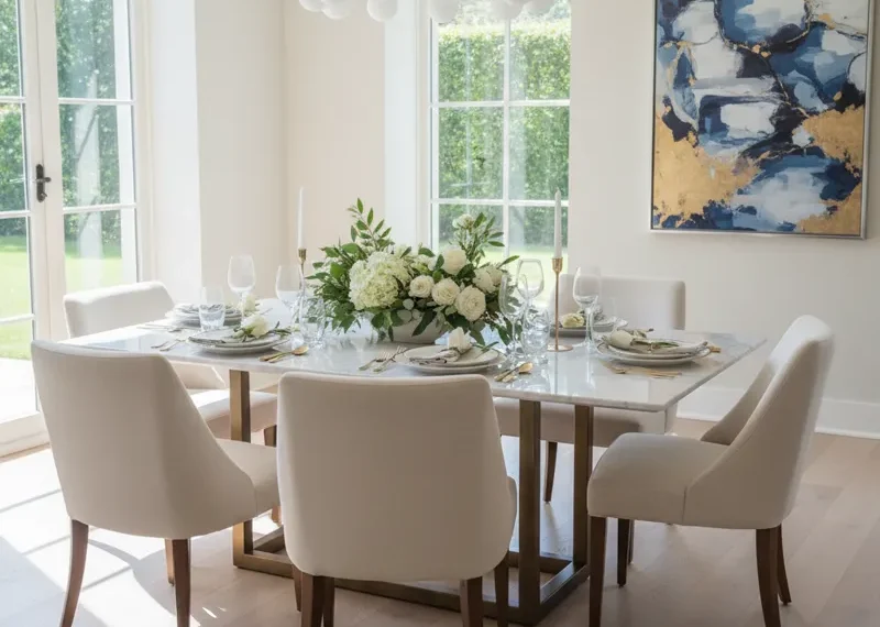 A modern white rectangular dining table set for eight people with eight matching chairs in a bright, contemporary dining room.