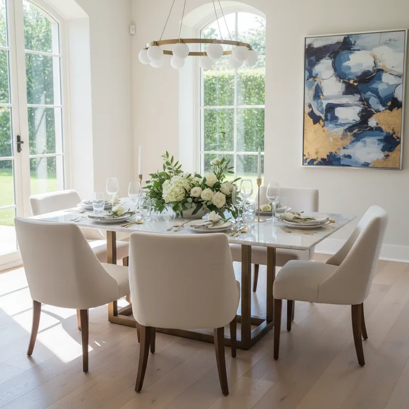 A modern white rectangular dining table set for eight people with eight matching chairs in a bright, contemporary dining room.
