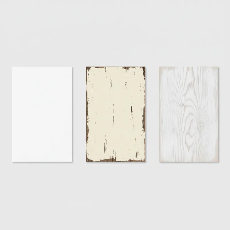 A visual comparison of three different white finishes on small table samples: pure white, distressed antique white, and a white-washed finish showing