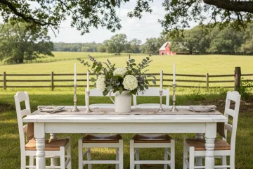 White rustic wooden farm dining table with a distressed finish, featuring six chairs set in a bright, inviting dining room.