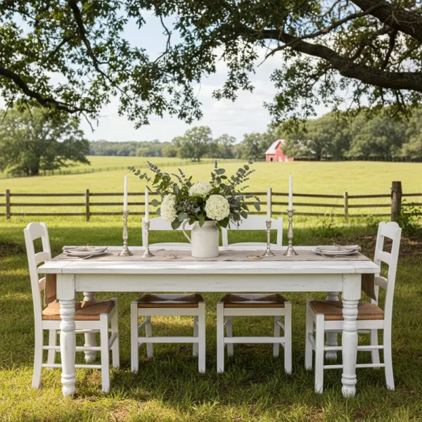 White rustic wooden farm dining table with a distressed finish, featuring six chairs set in a bright, inviting dining room.