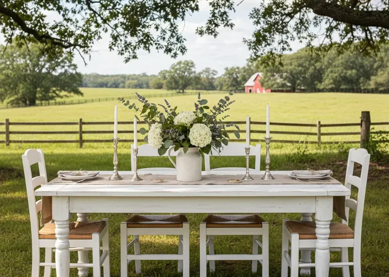White rustic wooden farm dining table with a distressed finish, featuring six chairs set in a bright, inviting dining room.