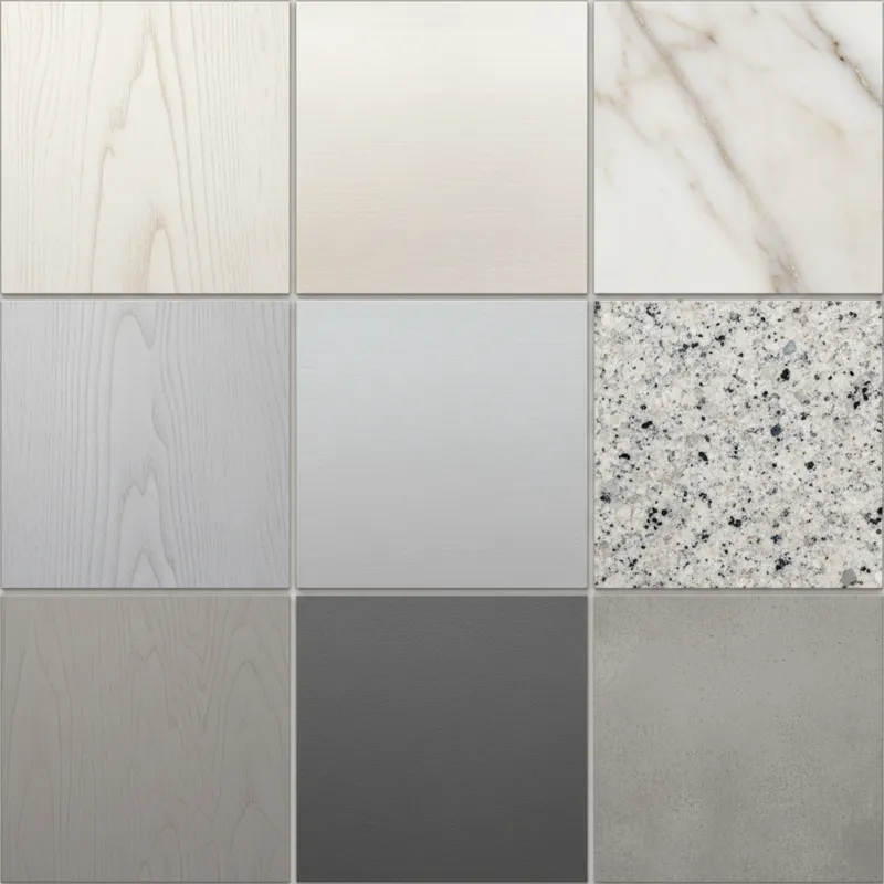 A close-up shot of different samples of white-gray materials, such as wood, laminate, and stone, highlighting subtle differences in undertones (warm,