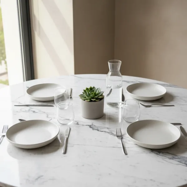 Modern white gray table with a clean, minimalist design, suitable for dining or workspace.