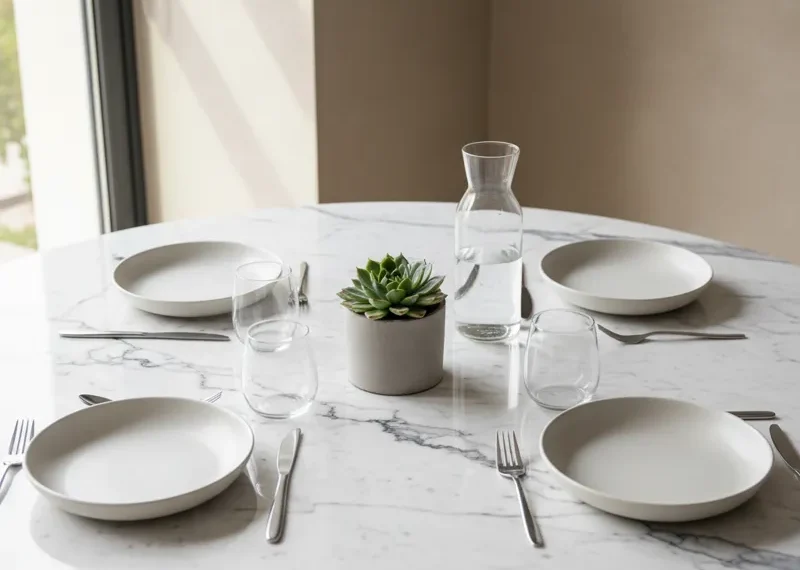 Modern white gray table with a clean, minimalist design, suitable for dining or workspace.