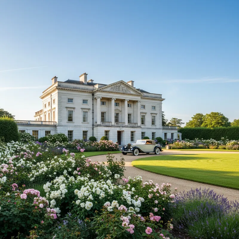 A wide shot of a grand, historic white building with classical architecture, lush green lawns, and blooming gardens under a clear blue sky. A vintage