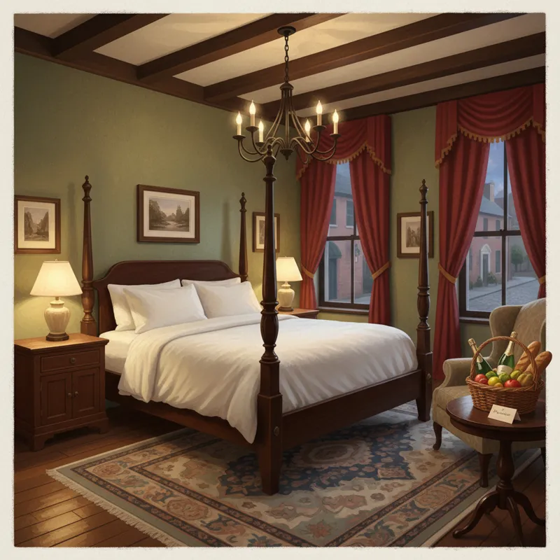 An elegantly appointed guest room in a historic inn. It features a four-poster bed with crisp white linens, antique wooden furniture, soft lighting fr
