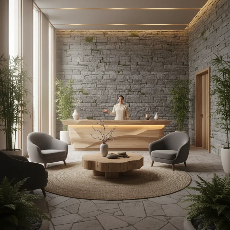 A high-end spa reception area with a serene ambiance. Soft lighting, natural wood, and stone elements create a calming environment. A friendly staff m