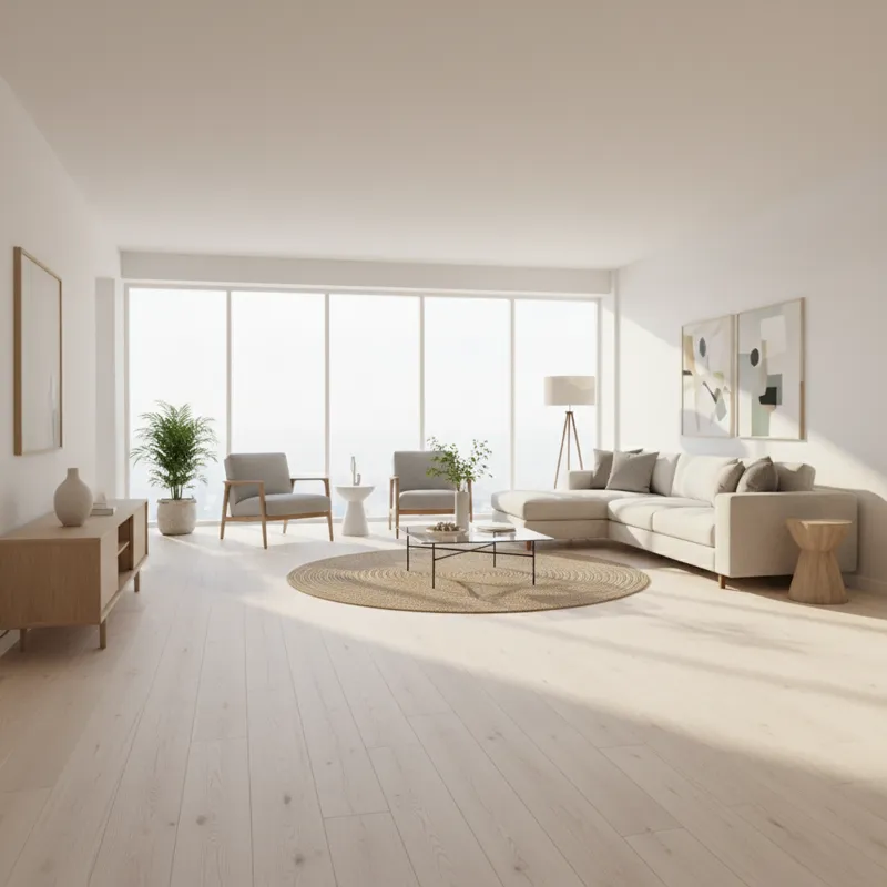 A wide shot of a living room with large windows, sunlight streaming onto beautiful wide-plank white oak flooring. The furniture is modern and neutral-