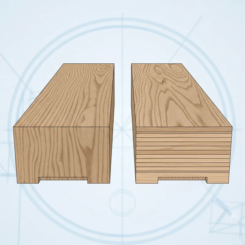 A detailed close-up cross-section view of both solid white oak flooring and engineered white oak flooring planks, clearly showing the different layers