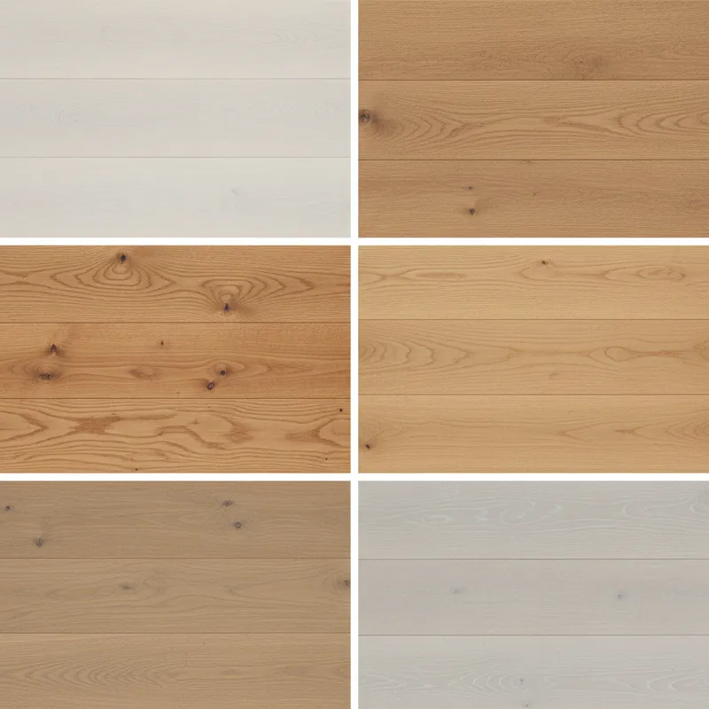 A collage of five different styles of white oak flooring, each representing one of the collections described: a very light, natural finish; a wide-pla