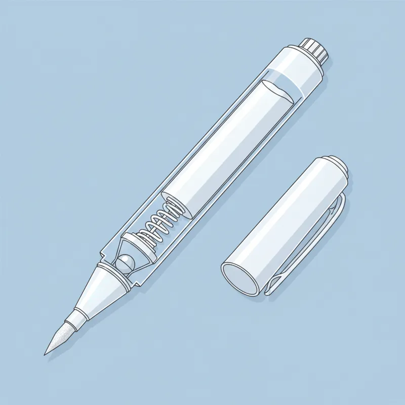 Close-up schematic diagram showing the internal components of a typical white out pen: a small metal or plastic ball agitator, a reservoir of correcti