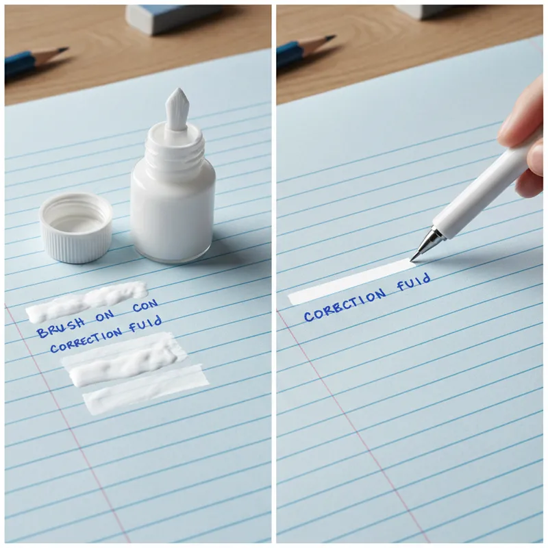 Side-by-side comparison image showing the application of traditional brush-on correction fluid versus a white out pen. The brush-on fluid shows an une