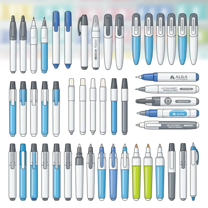 A diverse array of different white out pens from various brands, showcasing different barrel designs, cap styles, and tip types (e.g., needle point, b