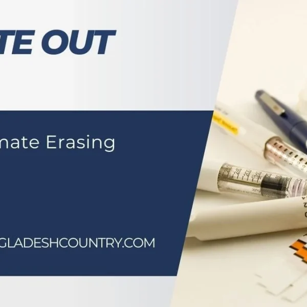 Graphic with 'WHITE OUT PEN' and 'The Ultimate Erasing Power' text on a grey and dark blue background, next to a close-up photo of diabetes management tools including insulin pens, a blood glucose meter, and test strips.