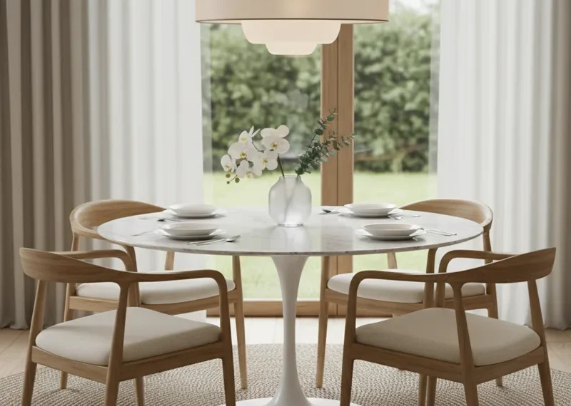 Modern white round dining room table with seating in a bright, contemporary dining room.
