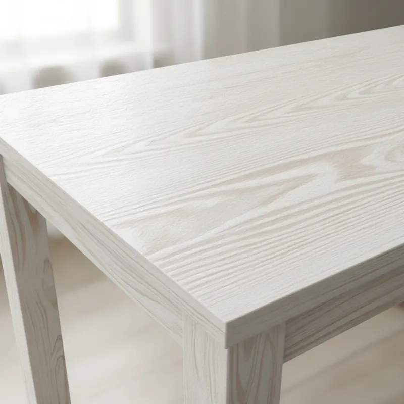 A close-up of a whitewash dining table surface, showing the subtle wood grain visible through the translucent white finish, with a modern, bright aest
