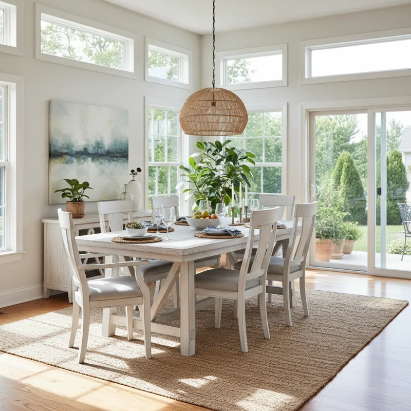 A bright and airy dining room featuring a beautiful whitewash dining table set, demonstrating its versatility in a modern home, perhaps with some natu