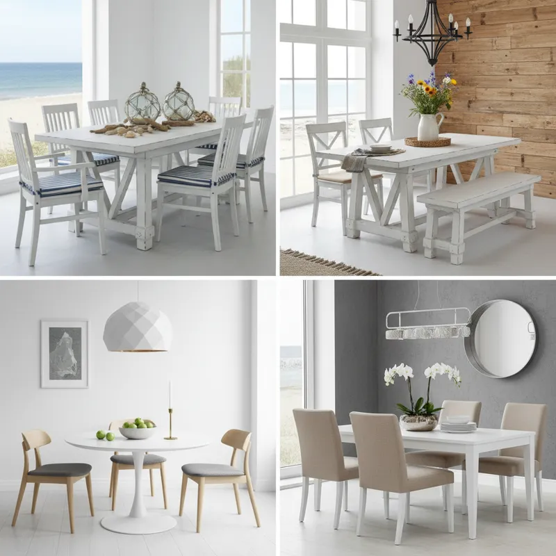 A collage of different dining room styles featuring whitewash dining table sets: one coastal, one farmhouse, one Scandinavian, and one modern transiti