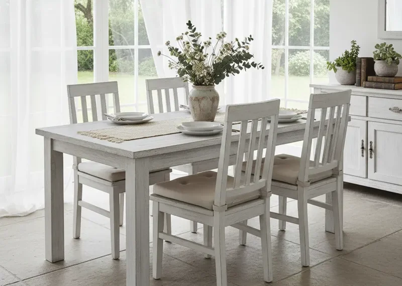 A stylish whitewash dining table set featuring a rectangular solid wood table and six matching chairs with a distressed finish, set in a bright, modern farmhouse dining room.