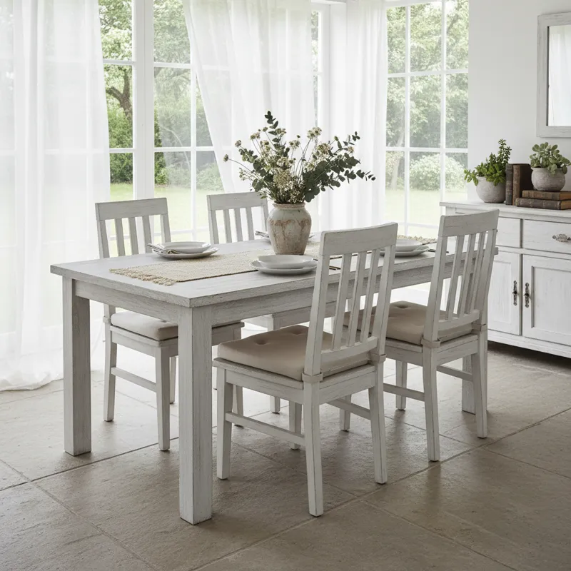 A stylish whitewash dining table set featuring a rectangular solid wood table and six matching chairs with a distressed finish, set in a bright, modern farmhouse dining room.