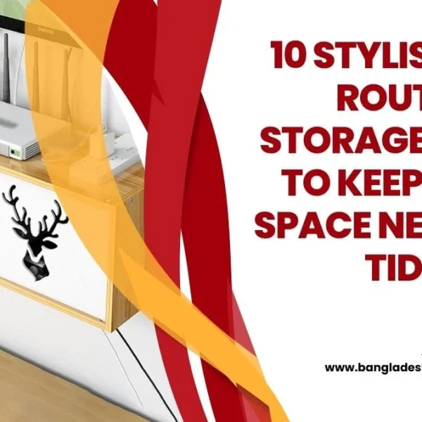 Promotional graphic showing a white wall-mounted WiFi router storage box labeled 'WIFI HOME' alongside large text reading '10 STYLISH WIFI ROUTER STORAGE BOXES TO KEEP YOUR SPACE NEAT AND TIDY'.