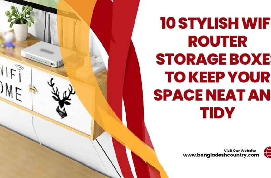 Promotional graphic showing a white wall-mounted WiFi router storage box labeled 'WIFI HOME' alongside large text reading '10 STYLISH WIFI ROUTER STORAGE BOXES TO KEEP YOUR SPACE NEAT AND TIDY'.