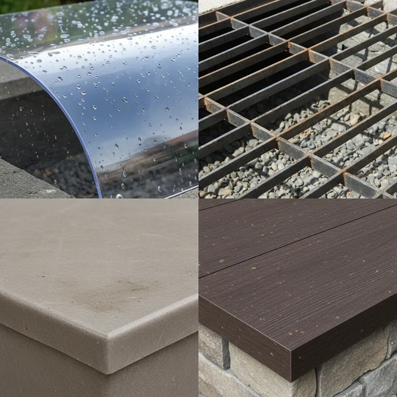 A close-up collage showing different window well cover materials: clear polycarbonate, opaque reinforced plastic, metal grating, and a custom-fitted c