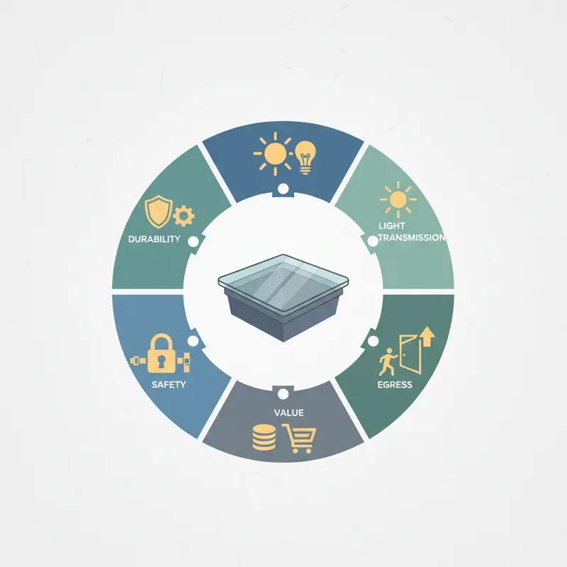 A detailed infographic illustrating the different criteria used for reviewing window well covers, with icons for durability, light transmission, safet