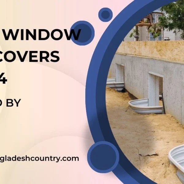 An image with text overlay: '4 BEST WINDOW WELL COVERS OF 2024 REVIEWED BY EXPERTS' and 'www.bangladeshcountry.com'. The background shows a new concrete basement foundation with multiple corrugated metal window wells installed into sandy ground, indicating a home construction or renovation project.