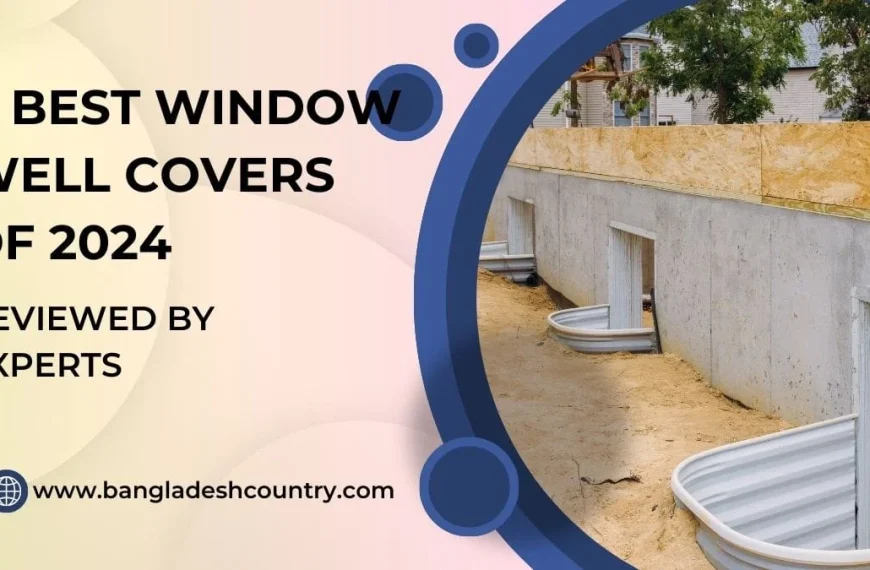 An image with text overlay: '4 BEST WINDOW WELL COVERS OF 2024 REVIEWED BY EXPERTS' and 'www.bangladeshcountry.com'. The background shows a new concrete basement foundation with multiple corrugated metal window wells installed into sandy ground, indicating a home construction or renovation project.