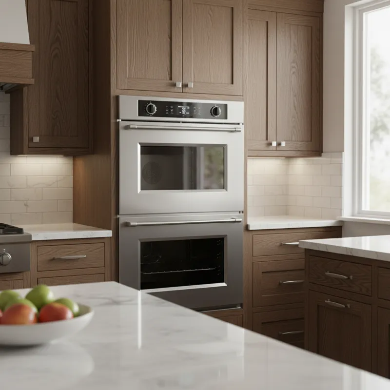 A professional, sleek image of a modern Wolf M series double oven integrated seamlessly into a high-end kitchen cabinet, showcasing its stainless stee