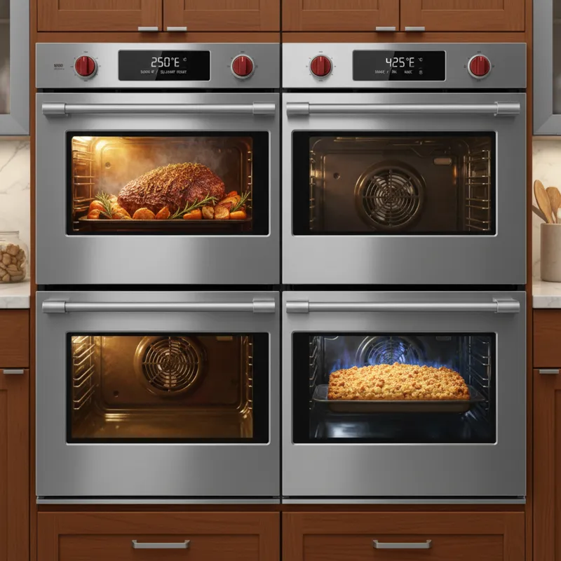 A split image showcasing two distinct dishes cooking simultaneously at different temperatures in a Wolf Double Oven, highlighting its versatility and