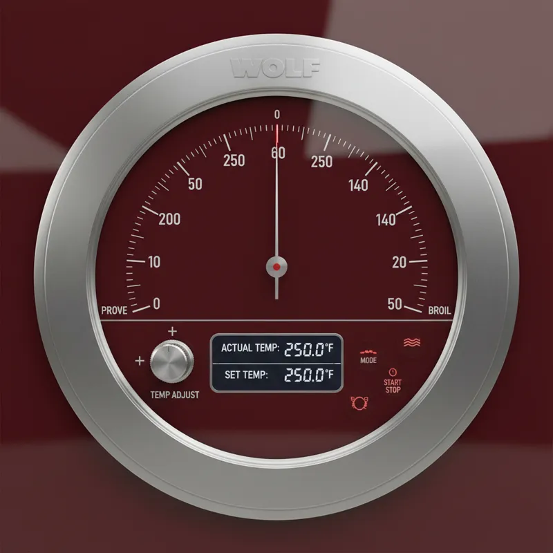 A close-up of a Wolf oven's precision temperature gauge or control panel, emphasizing accuracy over simplistic heating.