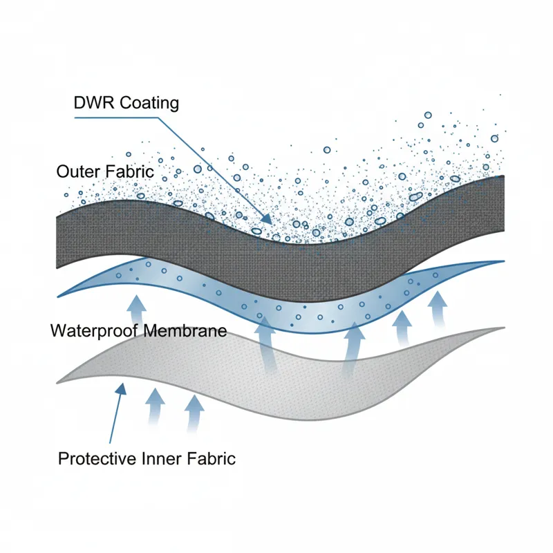 A detailed diagram showing the layers of a 3-layer waterproof fabric, with DWR coating on the outside, a waterproof membrane in the middle, and a prot
