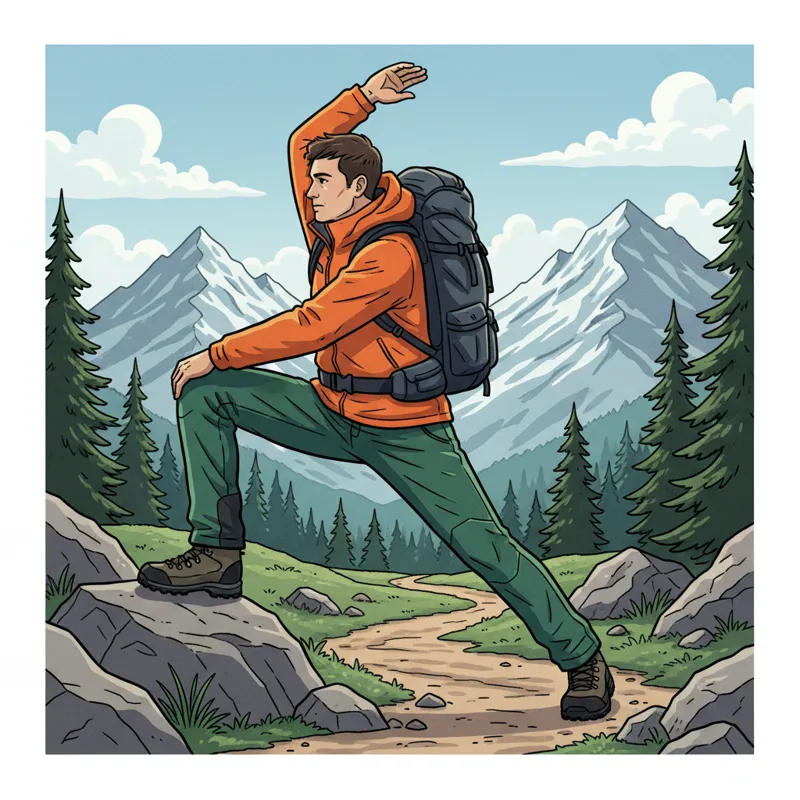 A hiker demonstrating the range of motion in articulated knee waterproof trousers, bending and stretching easily on a trail.