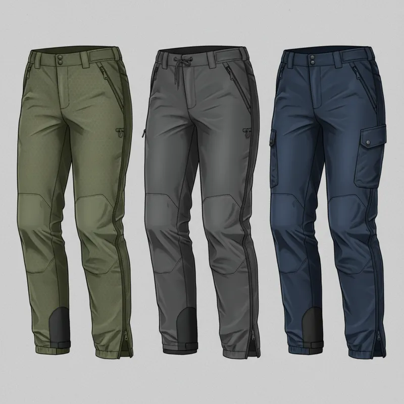 A side-by-side comparison image of three different womens waterproof hiking trousers laid flat, highlighting their distinct features like side zips, p