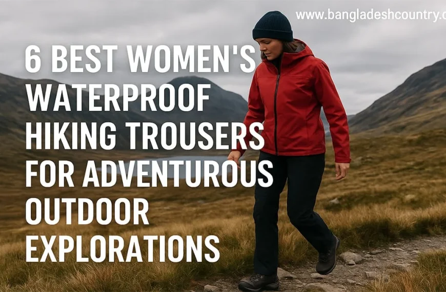 A woman in a red waterproof jacket, dark hiking trousers, and a beanie walks on a mountain trail. The image promotes '6 Best Women's Waterproof Hiking Trousers for Adventurous Outdoor Explorations'.