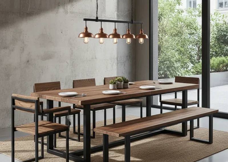 Modern wood and metal dining table set featuring a solid wood tabletop and sturdy black metal legs, complemented by industrial-style dining chairs.